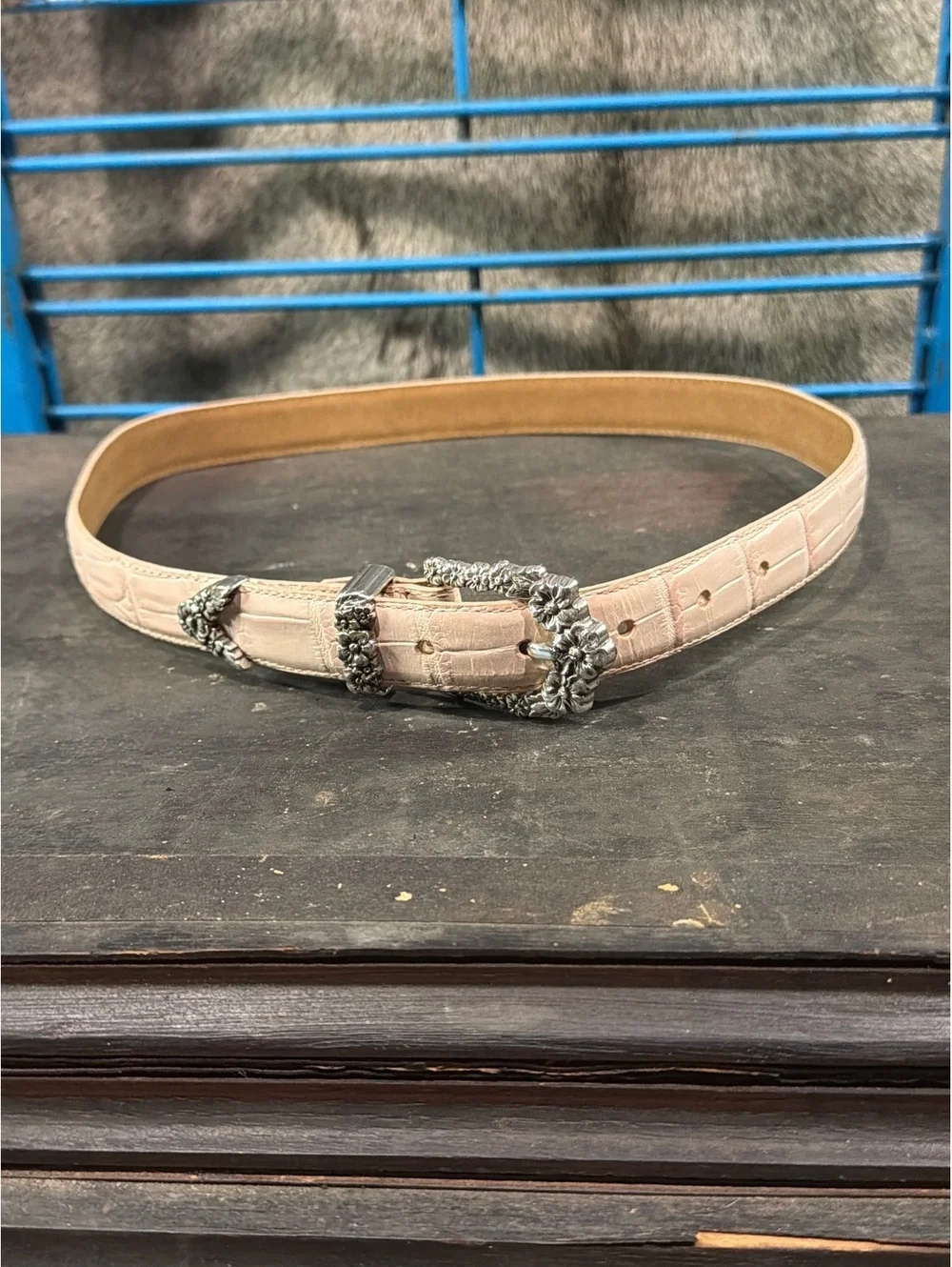 Brighton Pink Croc-Embossed Leather Belt with Decorative Silver Buckle